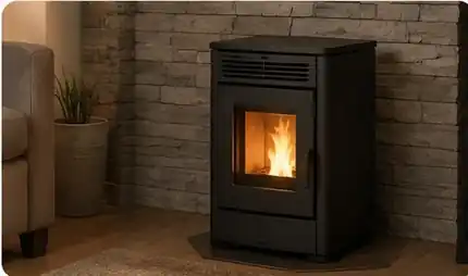 Pellet stove installed against a brick wall