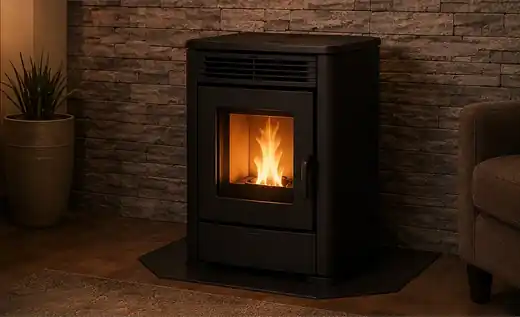 Black pellet stove with a visible flame in a finished room
